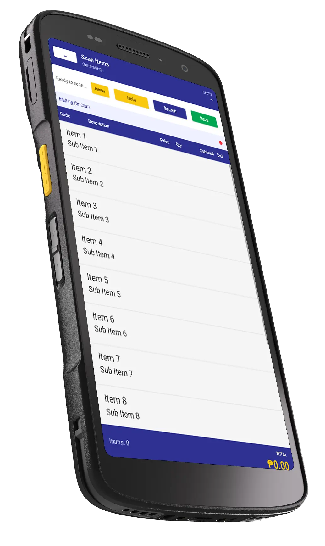 Point of Sale item scanning screen on a mobile computer